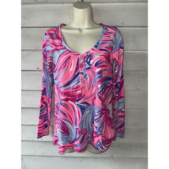 Lilly Pulitzer Abstract Print Henley Pima Cotton Top XS - Picture 1 of 5